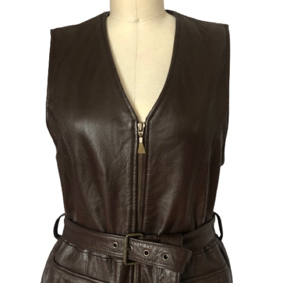 Brown Leather Vest Belted Riding Longline Safari Sleeveless Otello Pelle Small - Picture 3 of 16